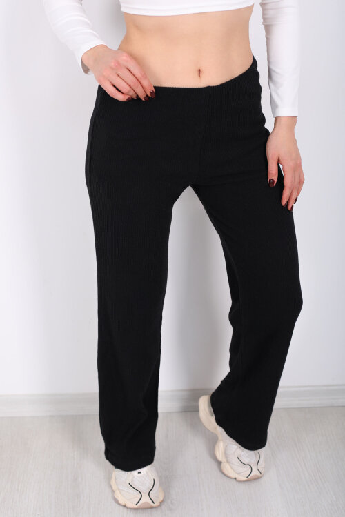 Bol Paça Kadın Siyah Örme Pantolon - Berox (1)