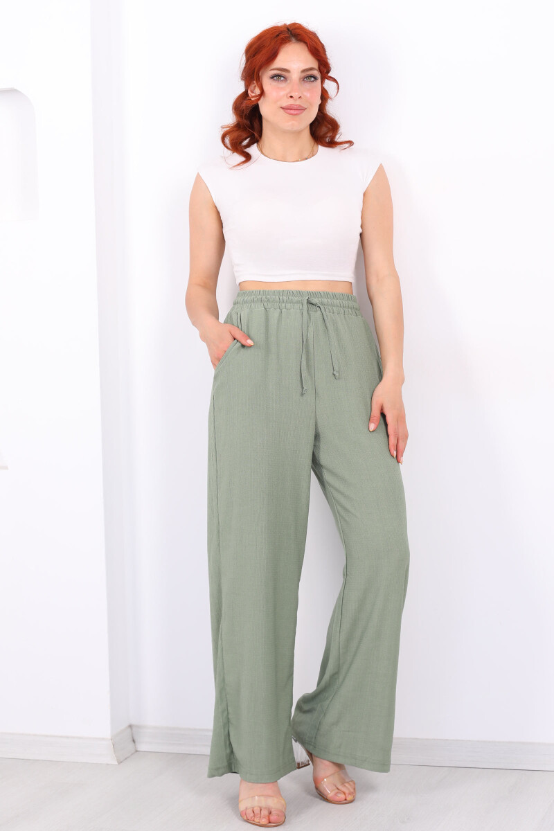 Beli Lastikli Bol Paça Mint Yeşili Kadın Bürümcük Pantolon - 4