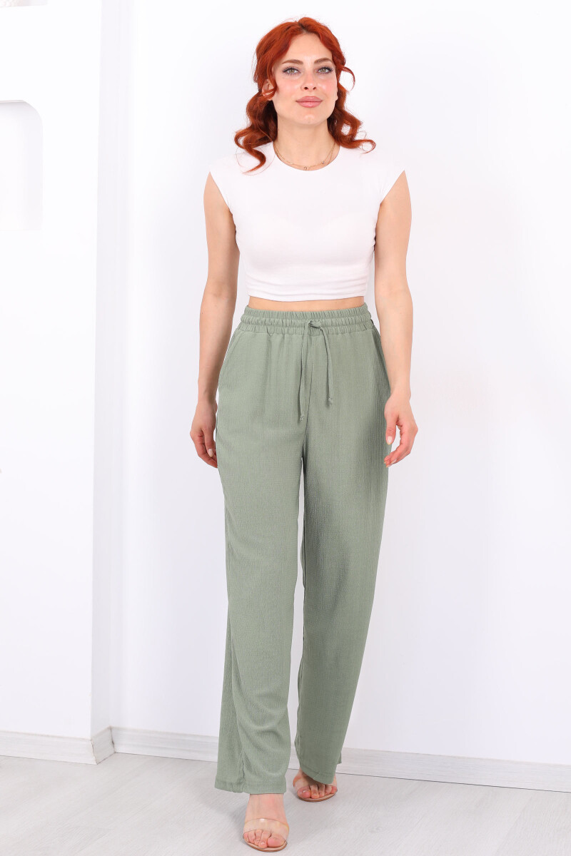 Beli Lastikli Bol Paça Mint Yeşili Kadın Bürümcük Pantolon - 3