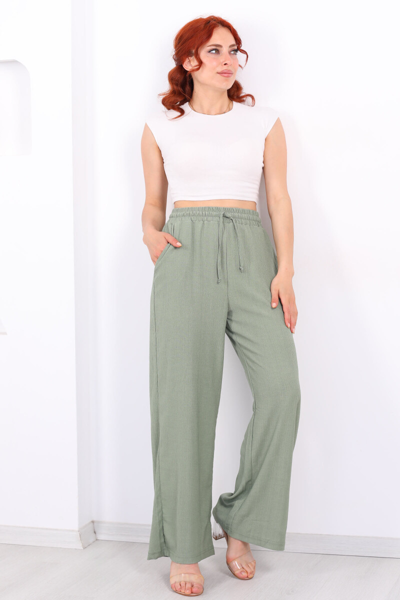 Beli Lastikli Bol Paça Mint Yeşili Kadın Bürümcük Pantolon - 1