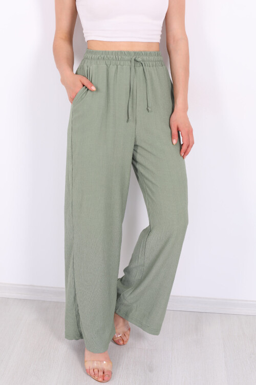 Beli Lastikli Bol Paça Mint Yeşili Kadın Bürümcük Pantolon - 2
