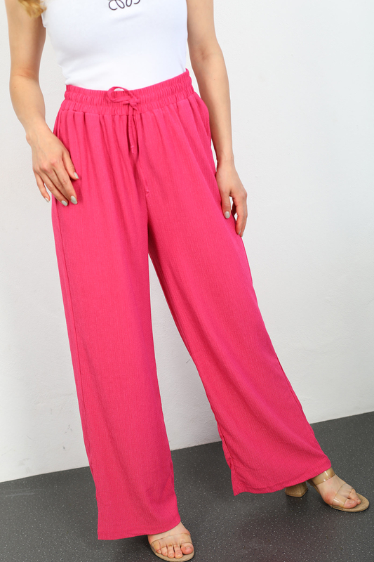 Beli Lastikli Bol Paça Pembe Kadın Bürümcük Pantolon - 3