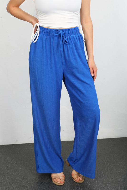 Beli Lastikli Bol Paça Saks Mavisi Kadın Bürümcük Pantolon - 3