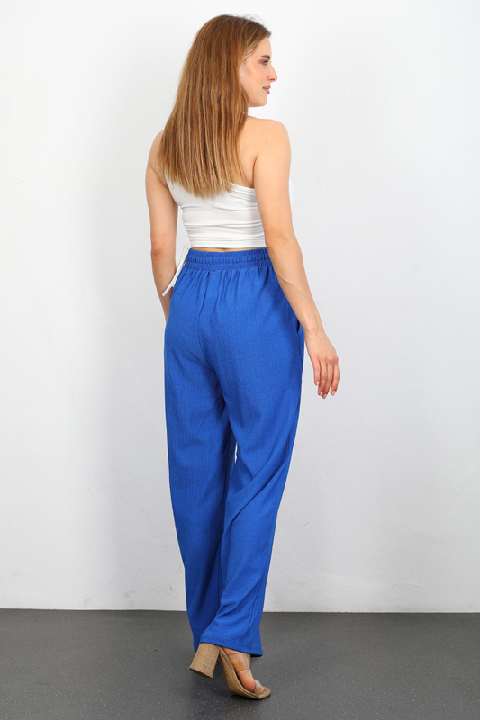 Beli Lastikli Bol Paça Saks Mavisi Kadın Bürümcük Pantolon - 4