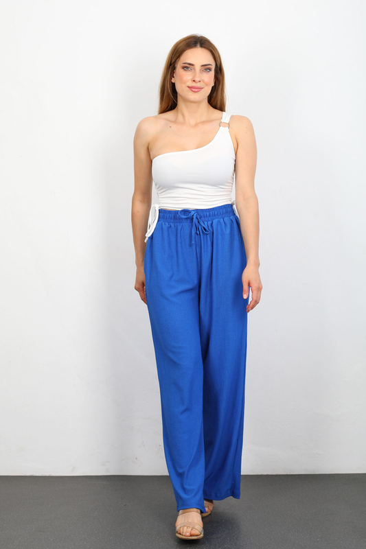 Beli Lastikli Bol Paça Saks Mavisi Kadın Bürümcük Pantolon - 2