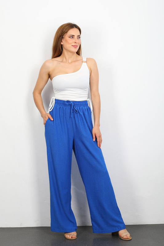 Beli Lastikli Bol Paça Saks Mavisi Kadın Bürümcük Pantolon - 1