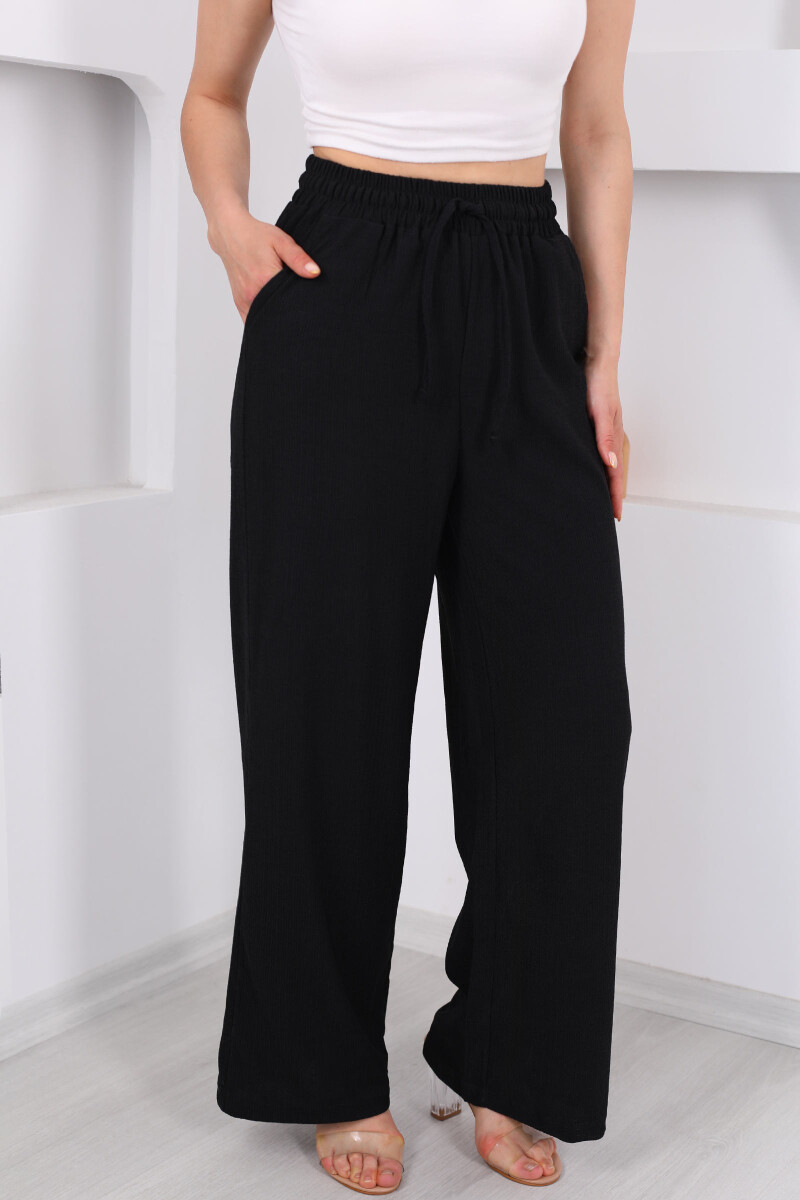 Beli Lastikli Bol Paça Siyah Kadın Bürümcük Pantolon - 2