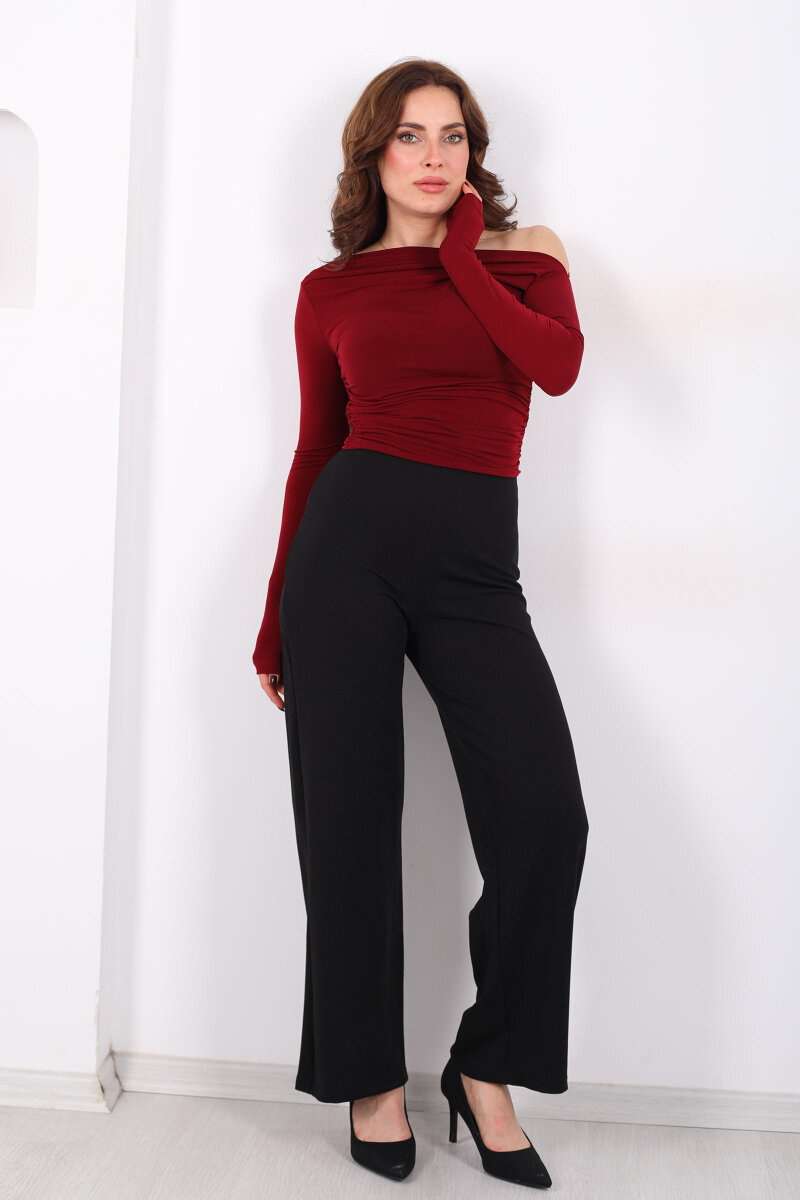 Bol Paça Siyah Kadın Krep Pantolon - 1