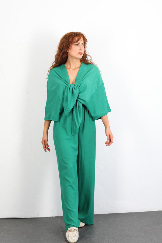 Bol Paça Zümrüt Yeşil Kimono Kadın Takım - 5