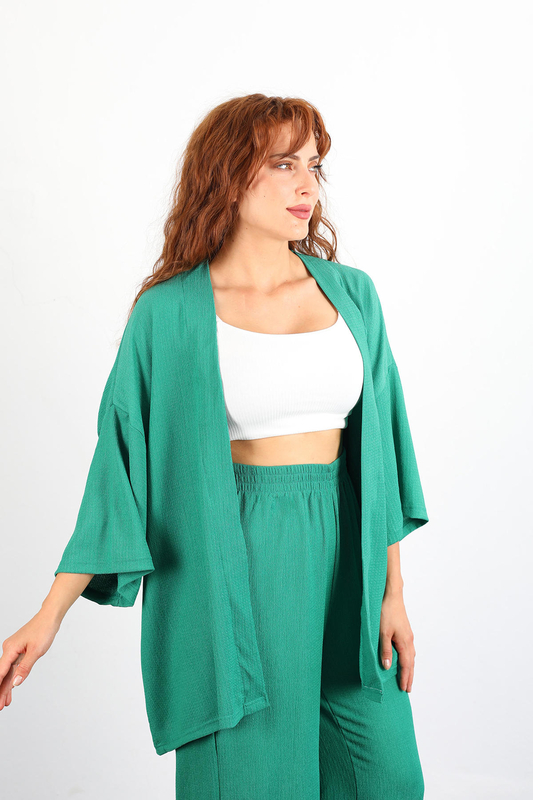 Bol Paça Zümrüt Yeşil Kimono Kadın Takım - 7