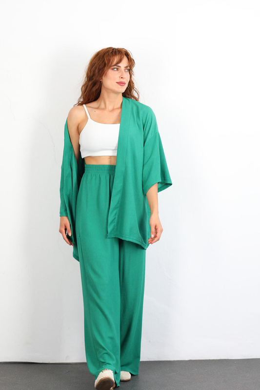 Bol Paça Zümrüt Yeşil Kimono Kadın Takım - 4