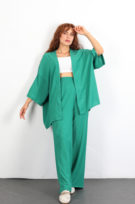 Bol Paça Zümrüt Yeşil Kimono Kadın Takım - 1