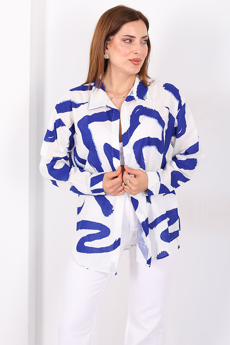 Boncuk İşlemeli Desenli Kadın Saks Mavisi Oversize Gömlek - 6