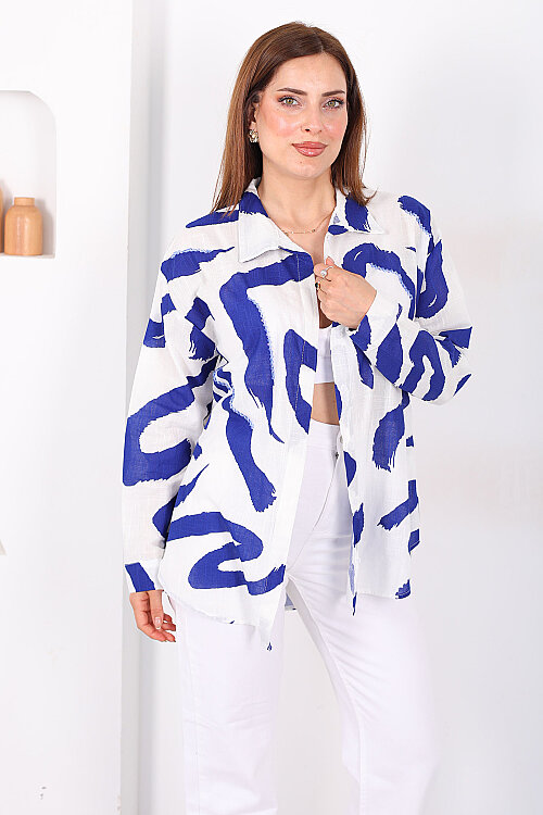 Boncuk İşlemeli Desenli Kadın Saks Mavisi Oversize Gömlek - Berox