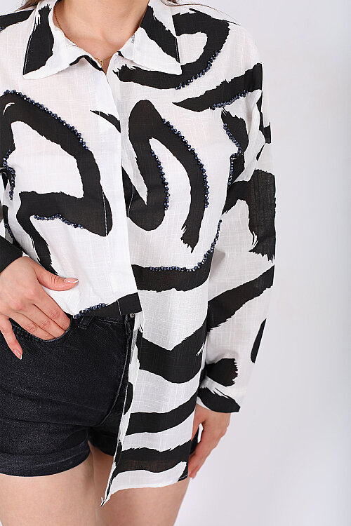 Boncuk İşlemeli Desenli Kadın Siyah Oversize Gömlek - Berox (1)