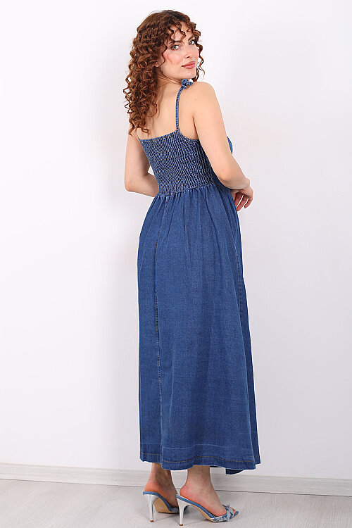 Boydan Çift Düğmeli Askı Bağlama Detaylı Kadın Lacivert Denim Elbise - 6