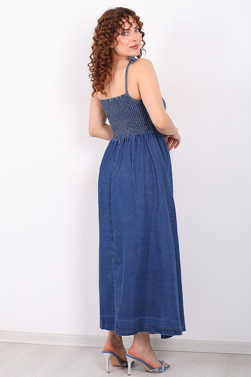 Boydan Çift Düğmeli Askı Bağlama Detaylı Kadın Lacivert Denim Elbise - 6