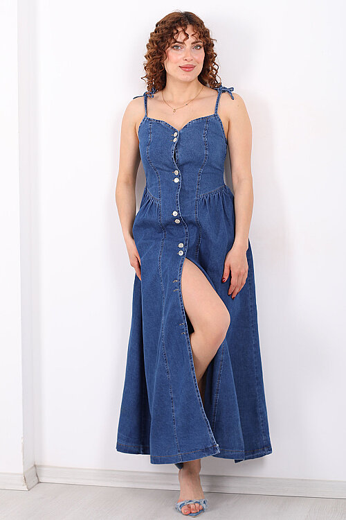 Boydan Çift Düğmeli Askı Bağlama Detaylı Kadın Lacivert Denim Elbise - 7