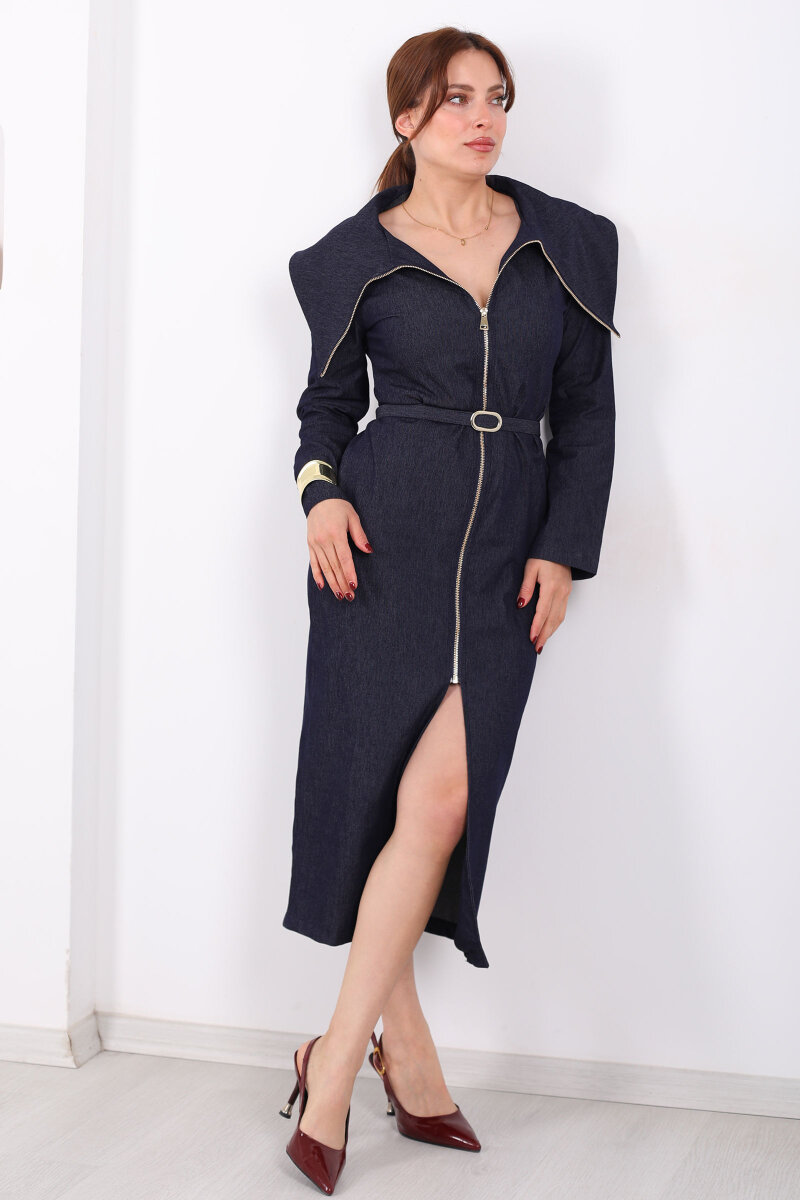 Boydan Fermuarlı Devrik Yaka Kemerli Kadın Lacivert Denim Elbise - 4