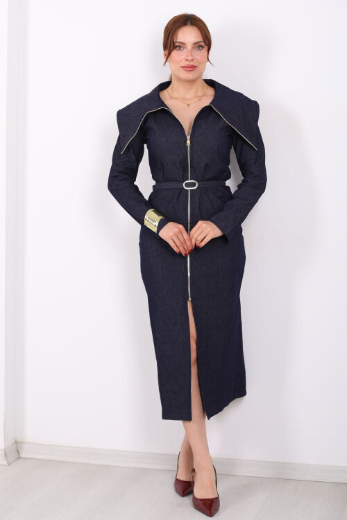 Boydan Fermuarlı Devrik Yaka Kemerli Kadın Lacivert Denim Elbise - 7