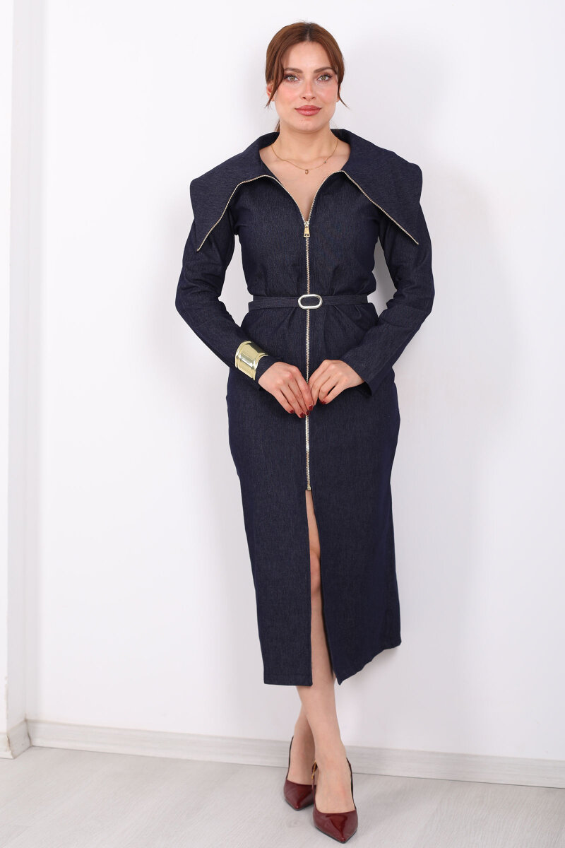 Boydan Fermuarlı Devrik Yaka Kemerli Kadın Lacivert Denim Elbise - 7