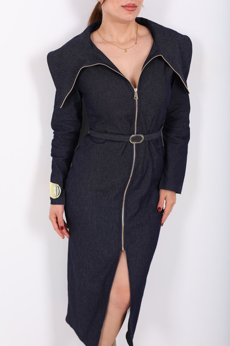 Boydan Fermuarlı Devrik Yaka Kemerli Kadın Lacivert Denim Elbise - 2