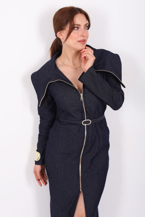 Boydan Fermuarlı Devrik Yaka Kemerli Kadın Lacivert Denim Elbise - 8