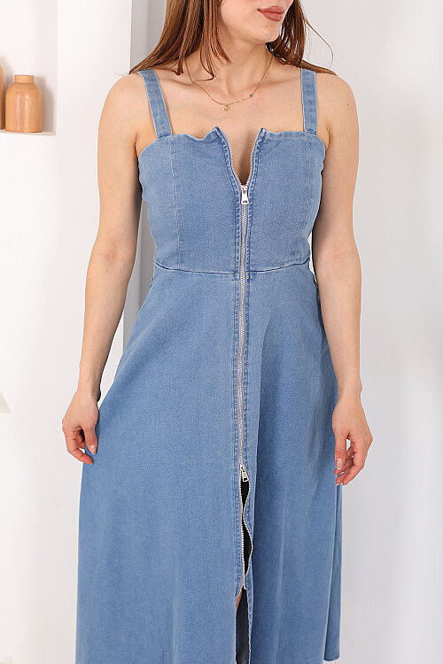 Boydan Fermuarlı Önü Yırtmaçlı Kadın Açık Mavi Denim Elbise - Berox (1)