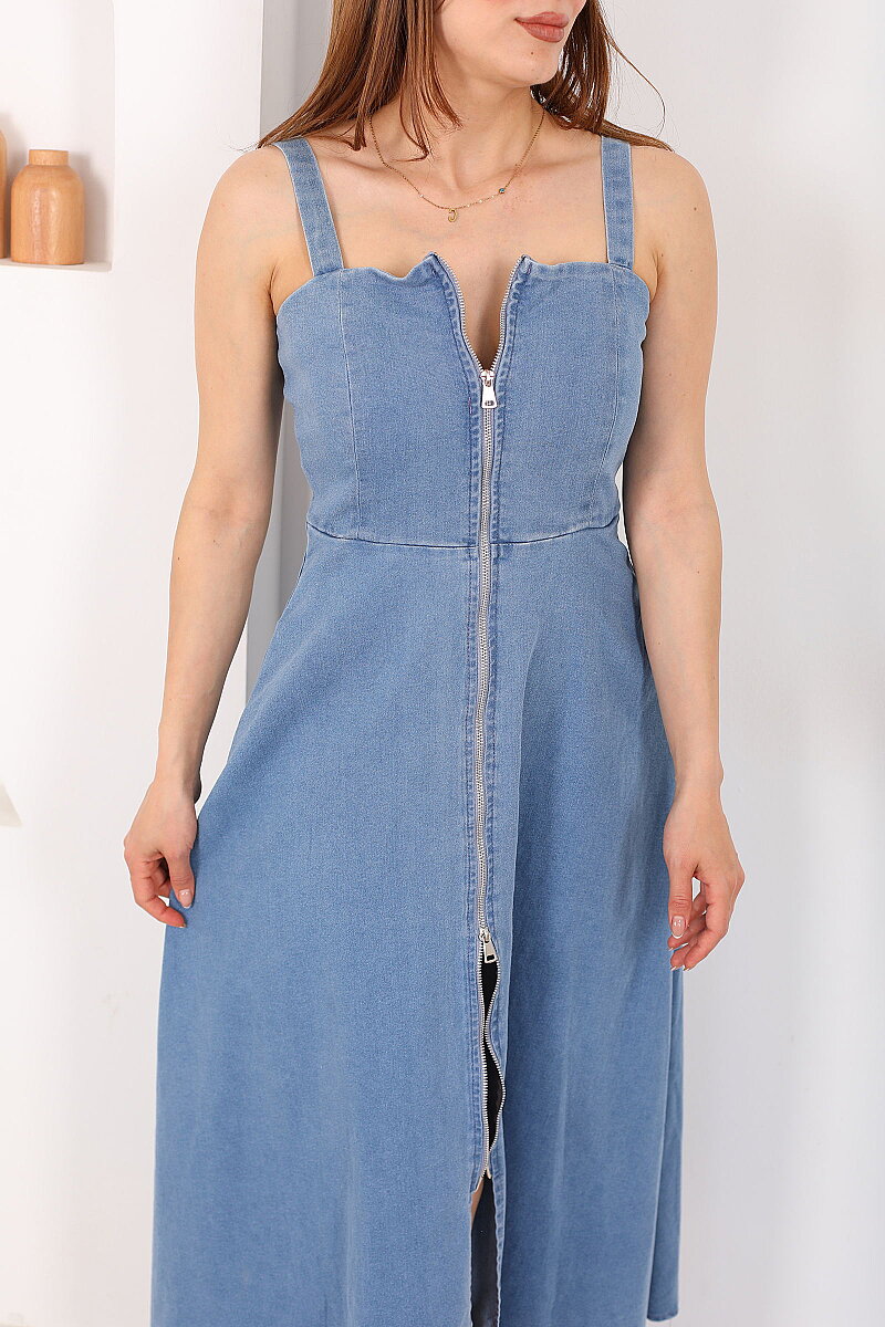 Boydan Fermuarlı Önü Yırtmaçlı Kadın Açık Mavi Denim Elbise - 2