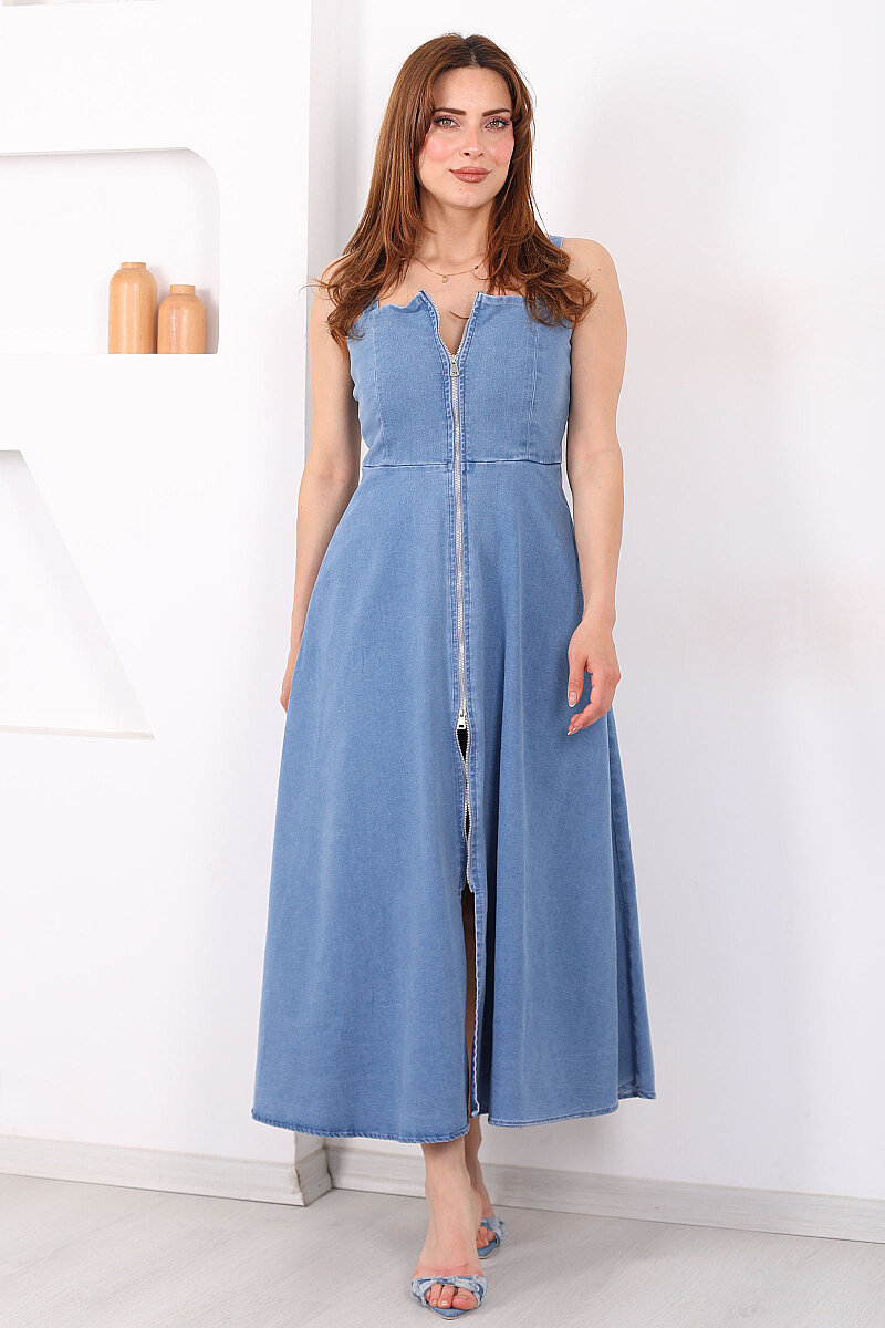 Boydan Fermuarlı Önü Yırtmaçlı Kadın Açık Mavi Denim Elbise - 5