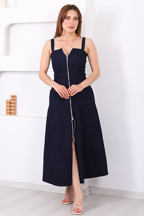 Boydan Fermuarlı Önü Yırtmaçlı Kadın Lacivert Denim Elbise 