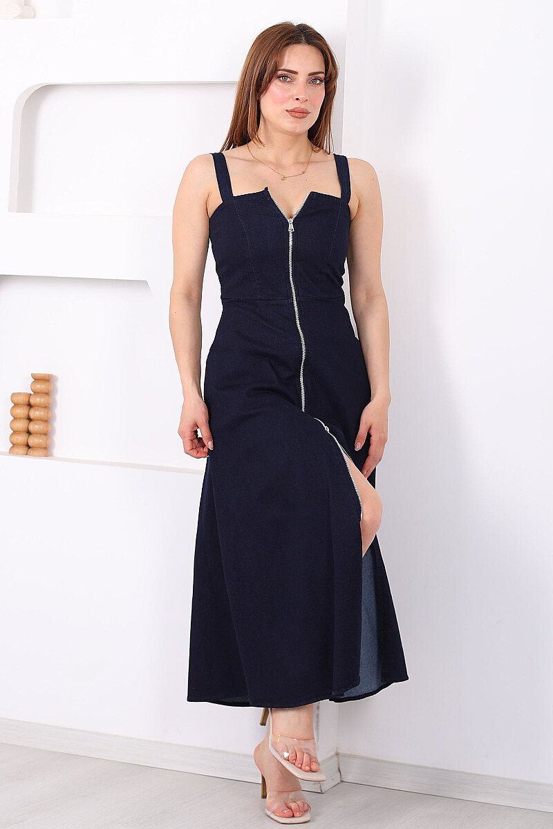 Boydan Fermuarlı Önü Yırtmaçlı Kadın Lacivert Denim Elbise - 4