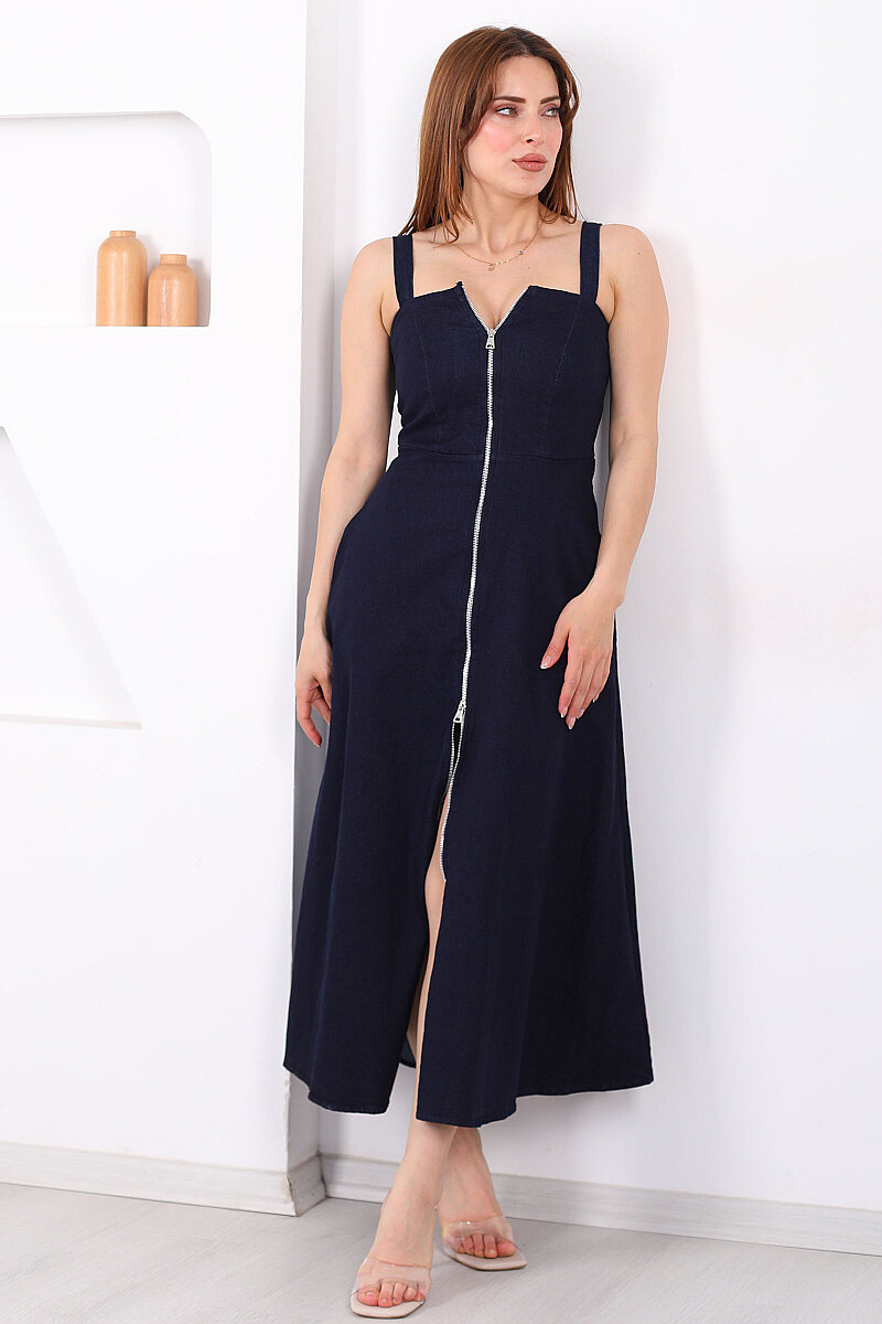 Boydan Fermuarlı Önü Yırtmaçlı Kadın Lacivert Denim Elbise - 7