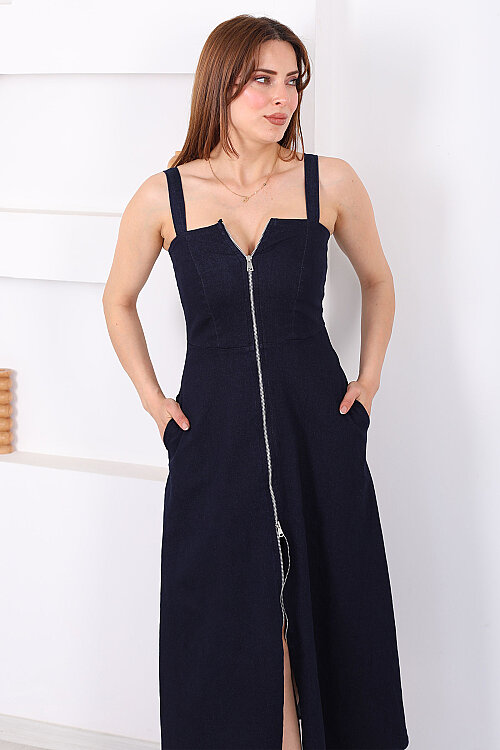 Boydan Fermuarlı Önü Yırtmaçlı Kadın Lacivert Denim Elbise - 3