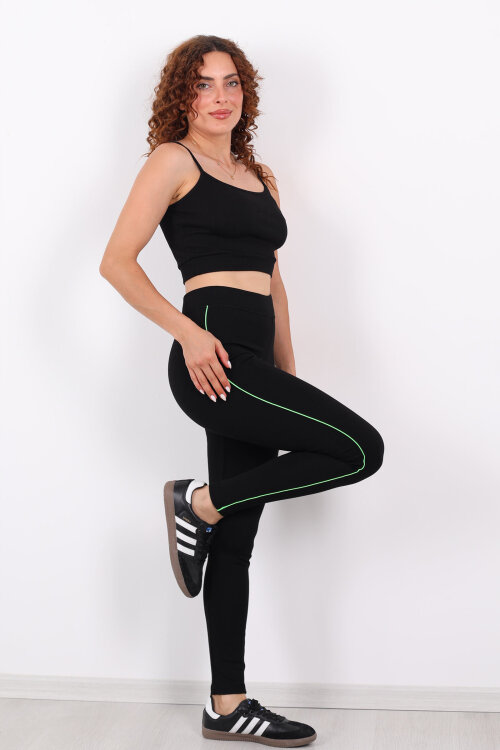 Boydan Yeşil Şeritli Siyah Çelik Tayt - Berox