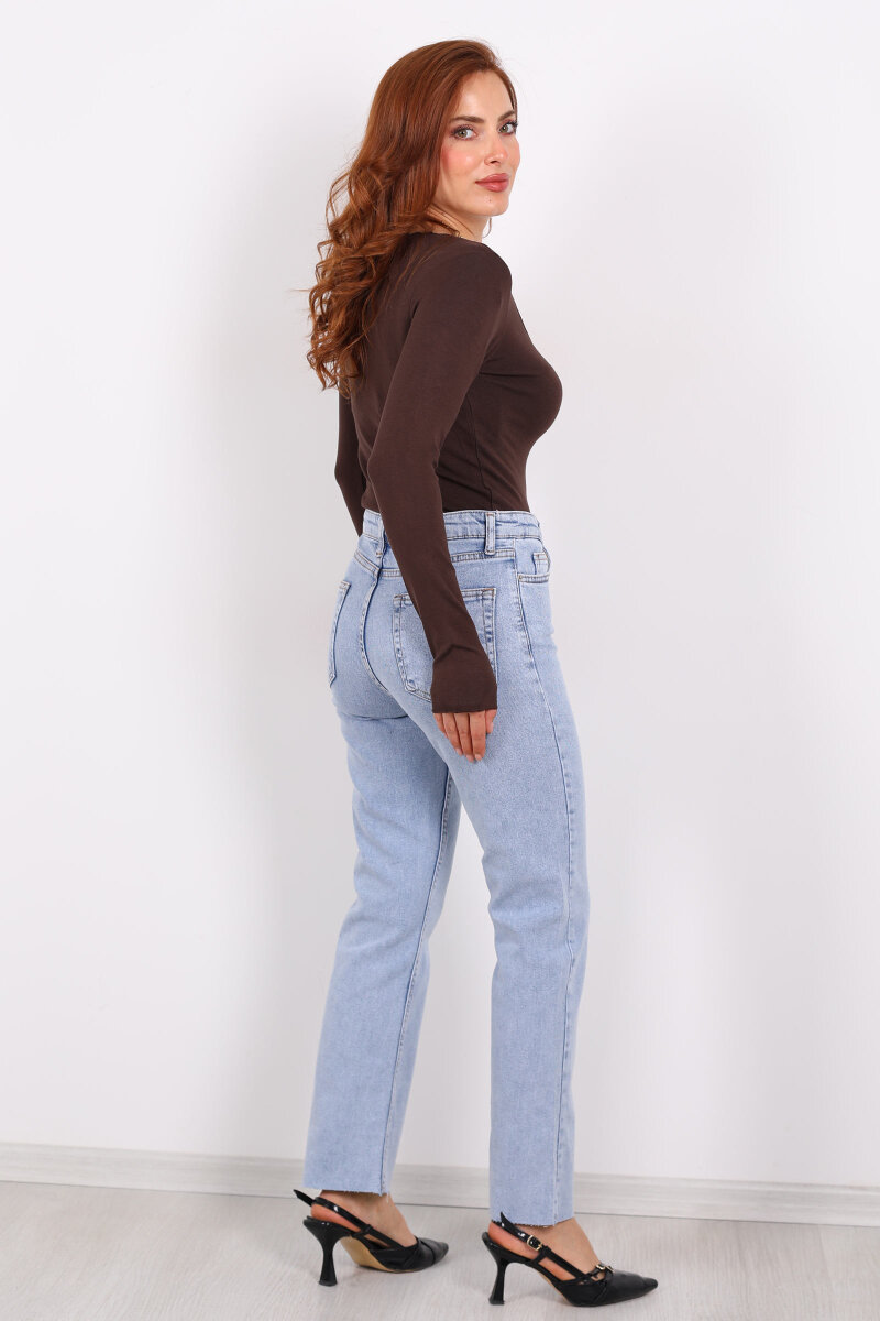 Boyfit Açık Mavi Kar Yıkama Kadın Mom Pantolon - 5