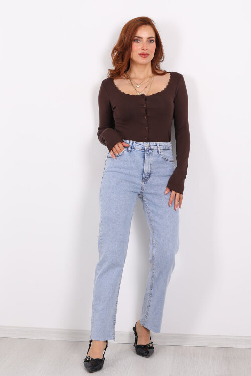 Boyfit Açık Mavi Kar Yıkama Kadın Mom Pantolon - 3