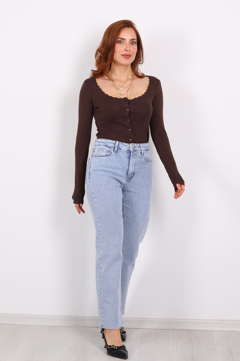 Boyfit Açık Mavi Kar Yıkama Kadın Mom Pantolon - 1