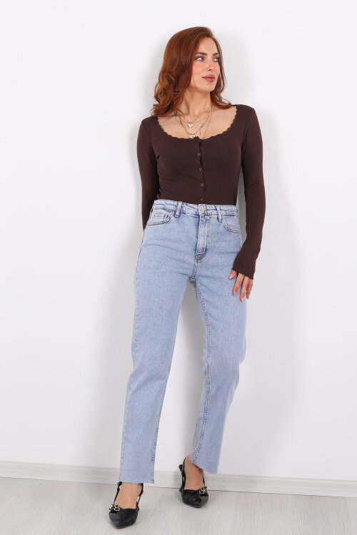 Boyfit Açık Mavi Kar Yıkama Kadın Mom Pantolon - 4