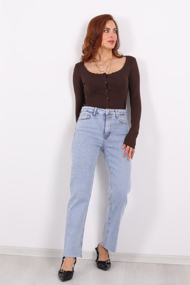 Boyfit Açık Mavi Kar Yıkama Kadın Mom Pantolon - 4