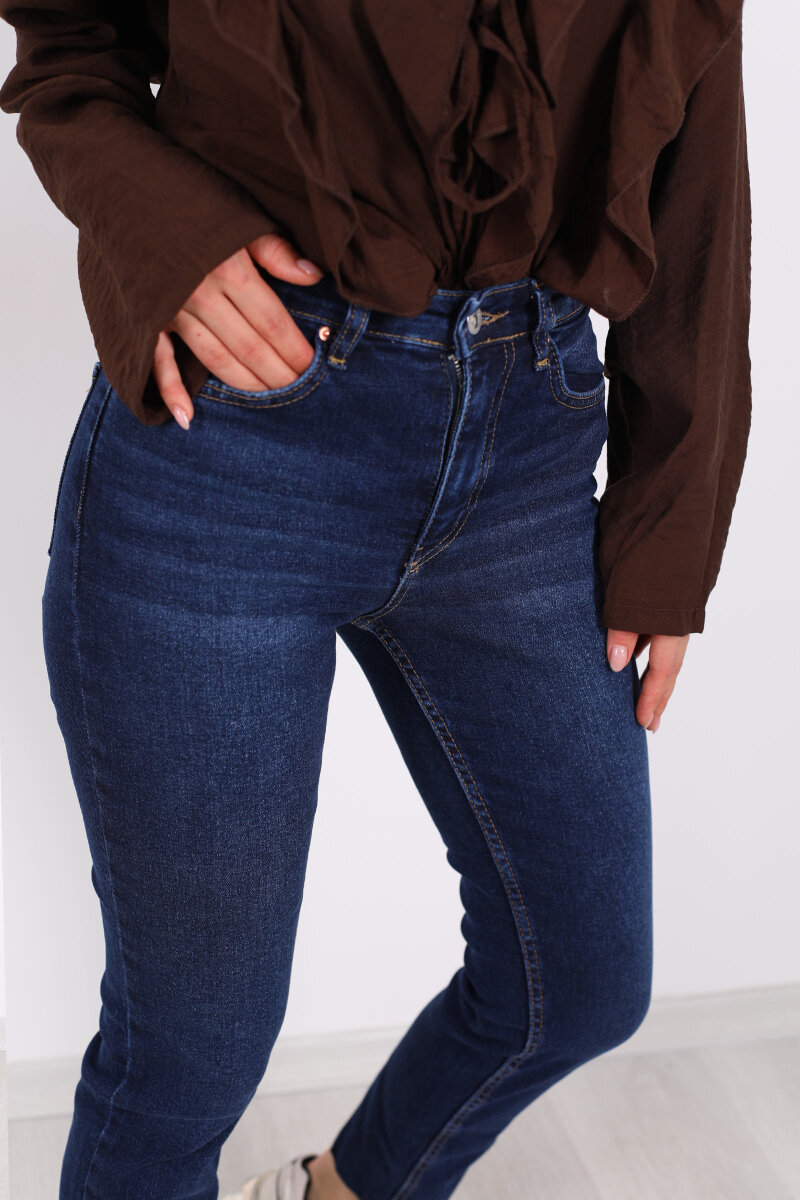 Boyfit Koyu Mavi Kar Yıkama Kadın Mom Pantolon - 2