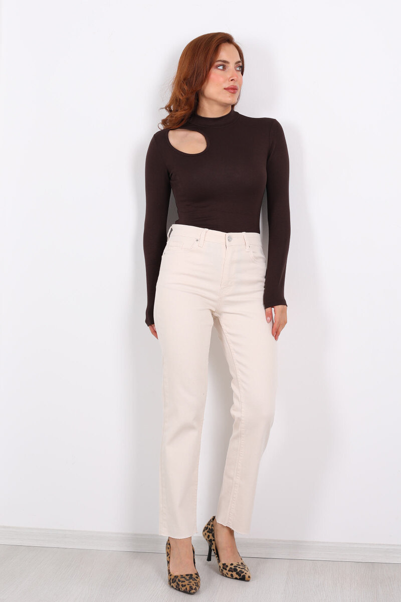 Boyfit Krem Kadın Mom Pantolon - 4