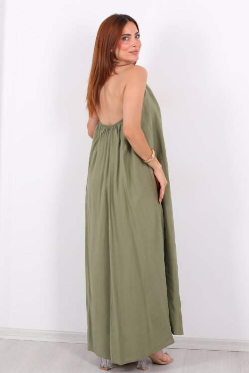 Boyundan Bağlamalı Boncuklu Haki Uzun Kadın Elbise - 5