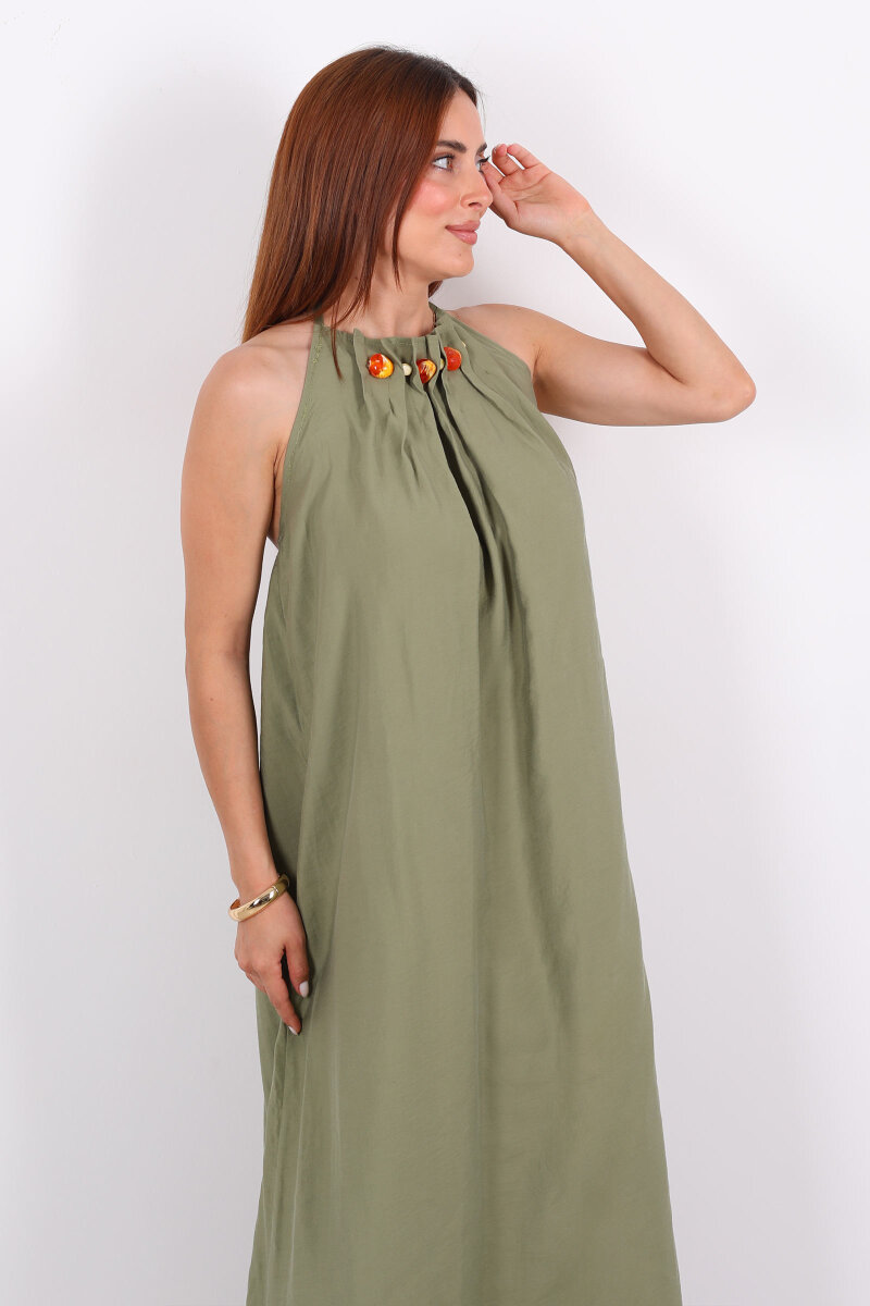 Boyundan Bağlamalı Boncuklu Haki Uzun Kadın Elbise - 6