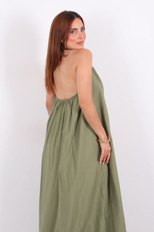 Boyundan Bağlamalı Boncuklu Haki Uzun Kadın Elbise - Berox (1)