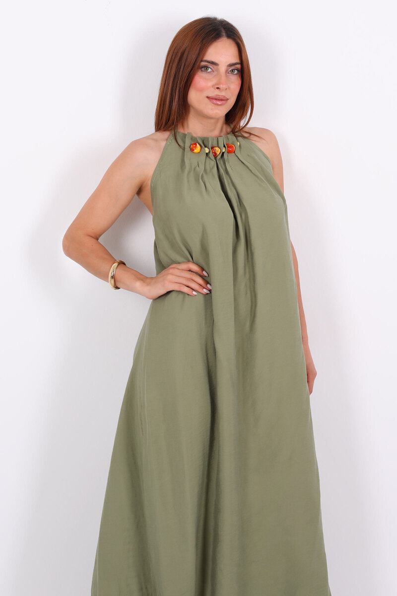 Boyundan Bağlamalı Boncuklu Haki Uzun Kadın Elbise - 1