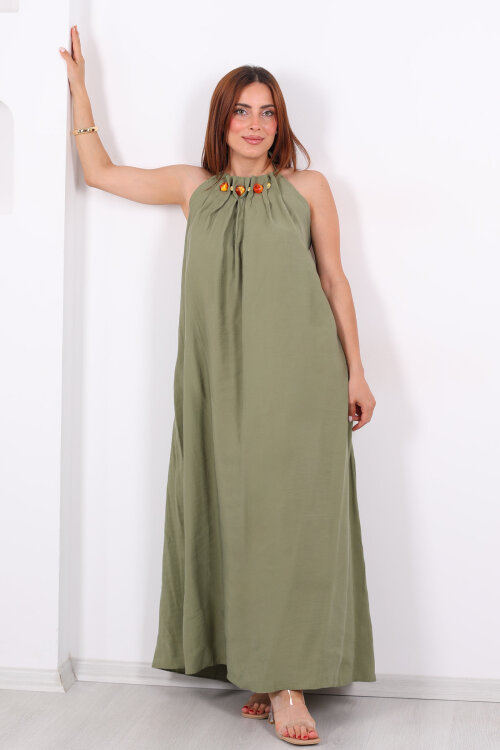 Boyundan Bağlamalı Boncuklu Haki Uzun Kadın Elbise - 4