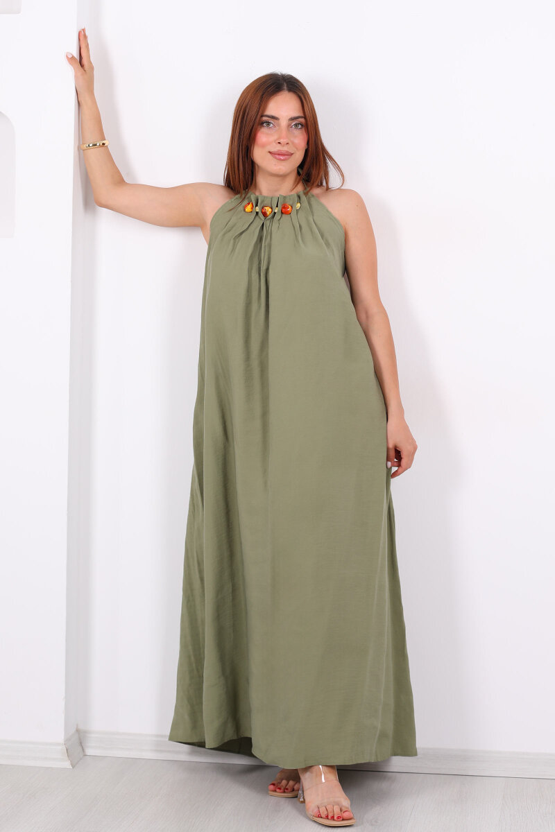 Boyundan Bağlamalı Boncuklu Haki Uzun Kadın Elbise - 4