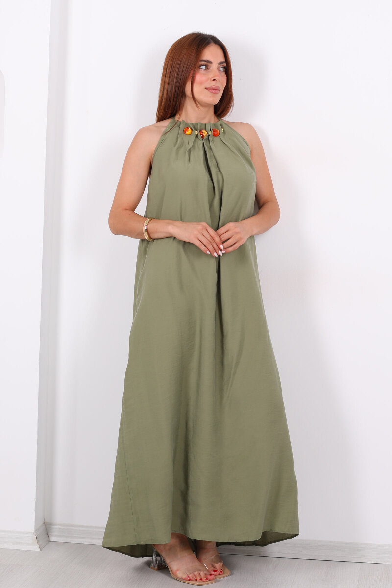 Boyundan Bağlamalı Boncuklu Haki Uzun Kadın Elbise - 7