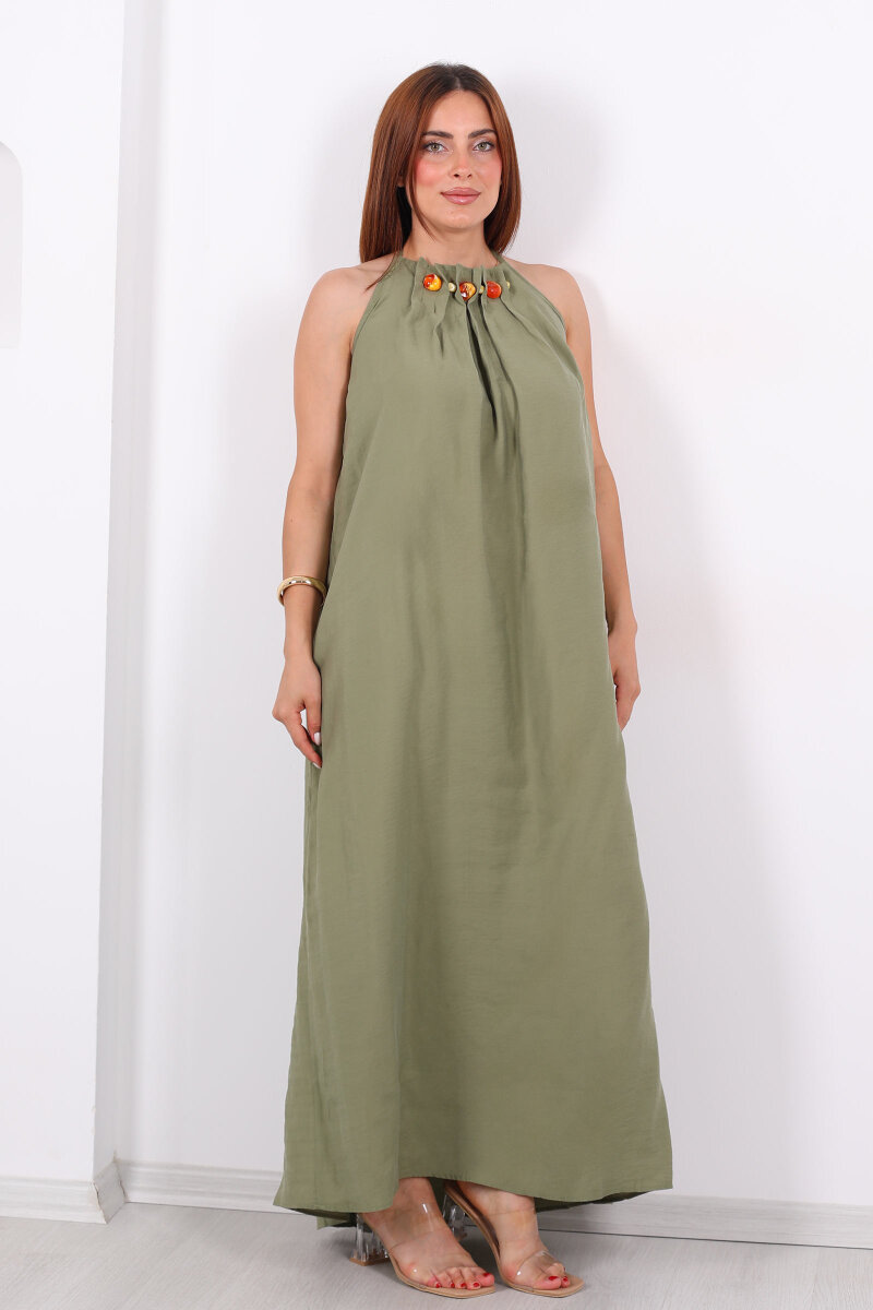 Boyundan Bağlamalı Boncuklu Haki Uzun Kadın Elbise - 8